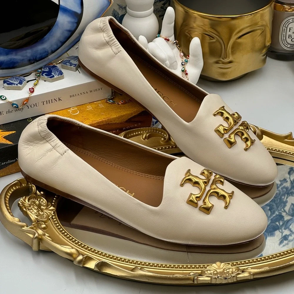 🆕 TORY BURCH 🧿 NWOB Eleanor White Leather Smoking Slipper Loafers, Sz US 6